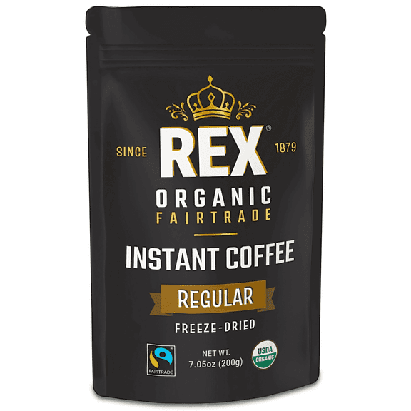 Rex Coffee Organic Fairtrade Freeze-Dried Instant Coffee, Medium Roast, 7.05 ounce, 1 pack