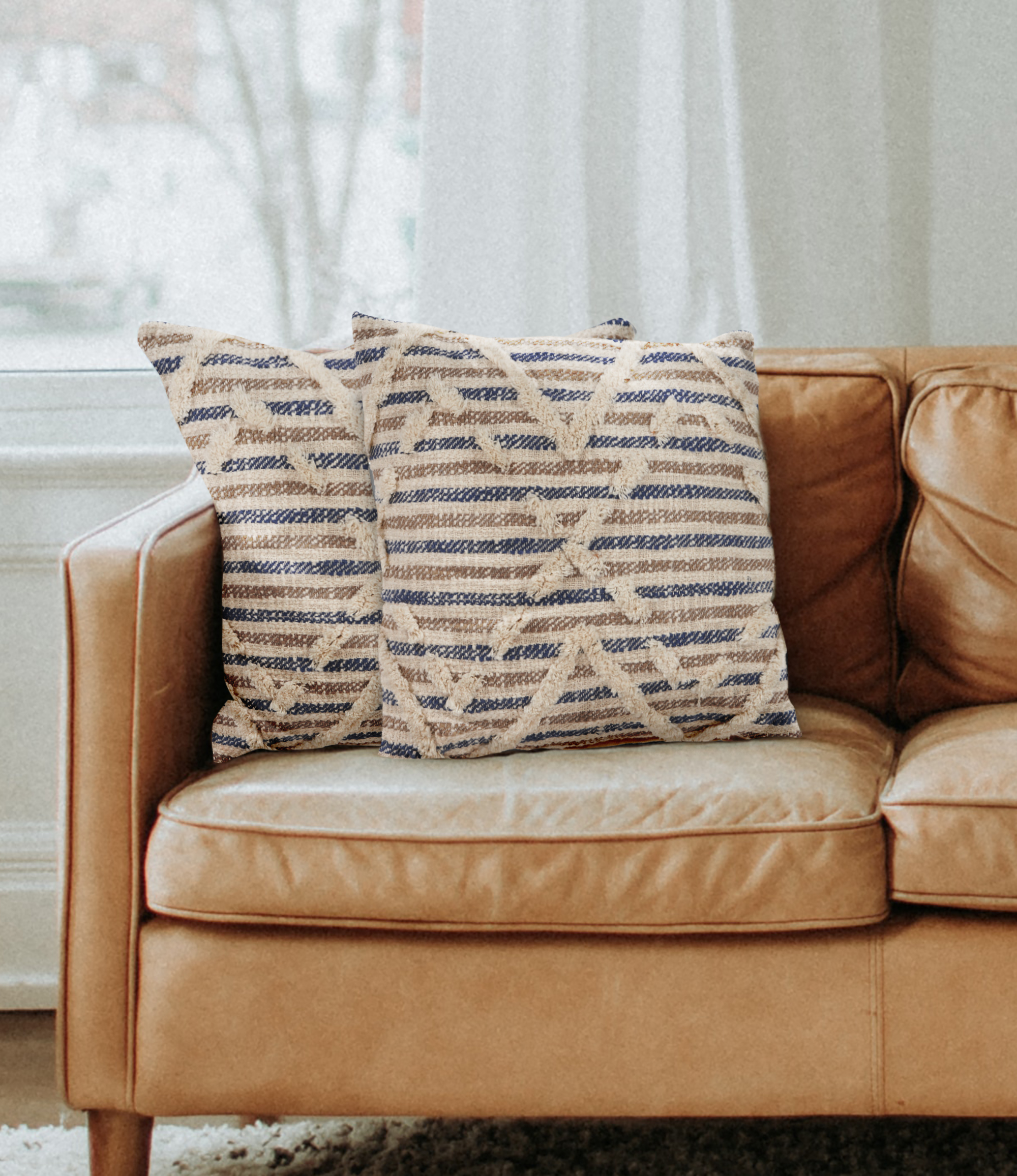 LR Home Joy Set of 2 Blue/Natural Diamond Cotton Adult Decorative Throw Pillow