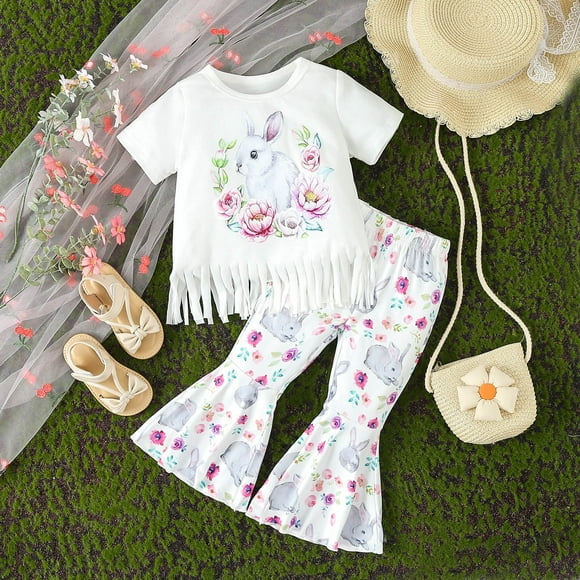 Hfolob Toddler Girl Clothes Outfits Short Sleeve Easter Cartoon Prints Tops Pants Cute 2 Piece Outfits 12-18 Months