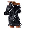 thumbnail image 2 of Womens Dresses Clearance Plus Size Women's Trendy Pullover Off Shoulder Print Drawstring Ruched Long Sleeve Dress Gray L JE, 2 of 7