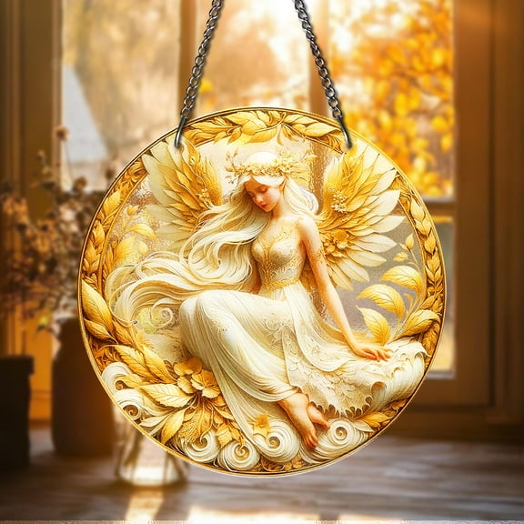 Angel STAINED GLASS Suncatcher Hanging Decor Elegant Golden Angel Window Hanging, Celestial Fairy Art Decor, Spiritual Gift for Her