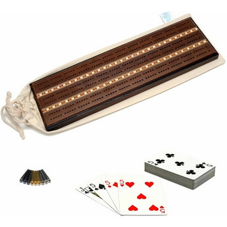 Deluxe Cribbage Set, Solid Oak Wood with Dark Stain with Inlay Sprint 3 Track Board with Brass Pegs, Deck of Cards and Canvas Storage