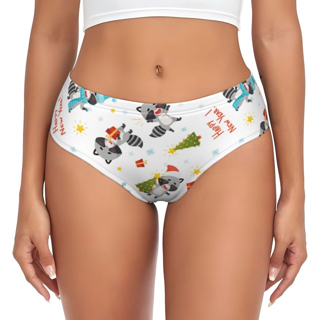 Balery happy new year Raccoon Ropa Interior de Algodón para Mujer con Dibujo – Braguitas Cómodas y Elásticas, Estilo Clásico-Large