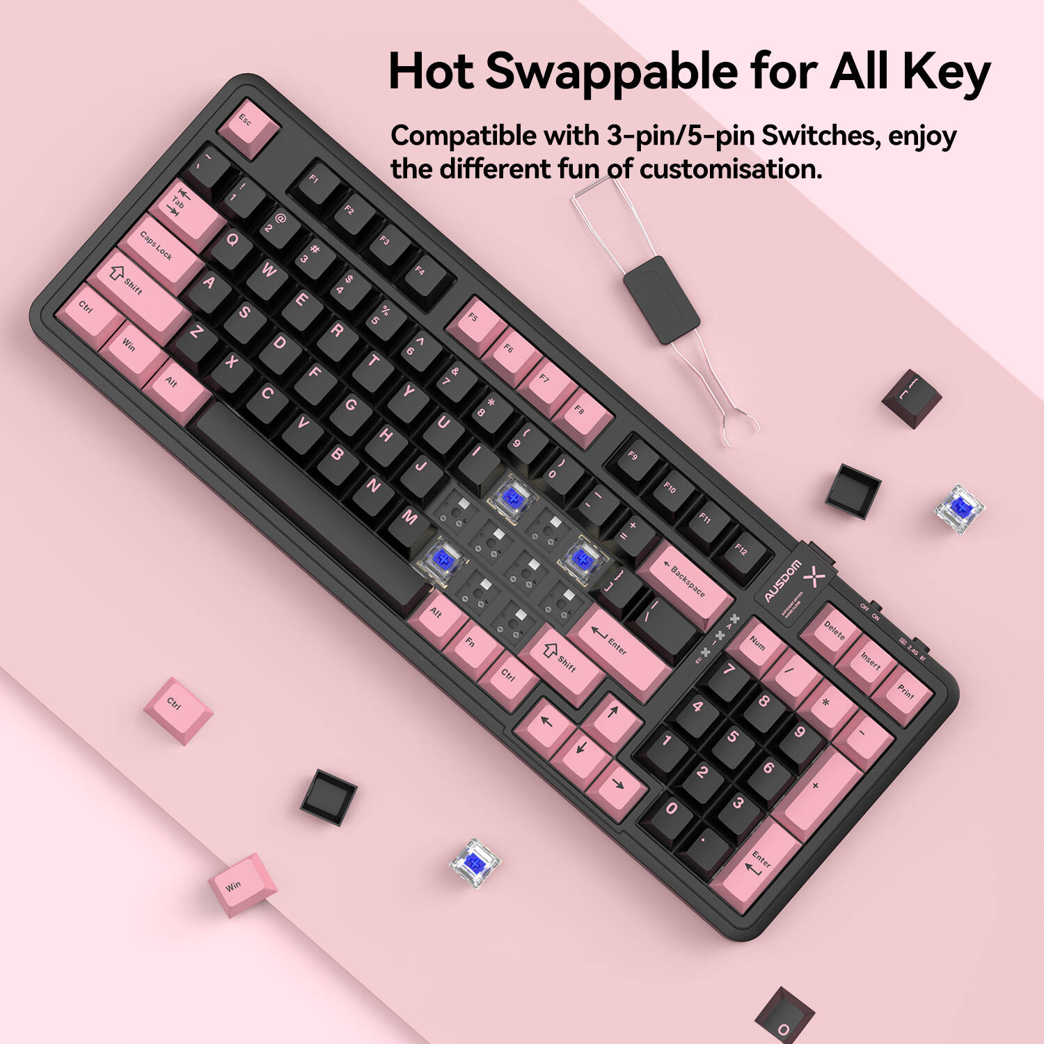 AUSDOM 98Pro Wireless Mechanical Keyboard - 97 Keys, Silent Tactile Switches, Tri-Mode (Bluetooth/2.4GHz/USB-C), Hot Swappable, White Backlit, Gasket Structure, PBT Keycaps (Black & Pink Silent)