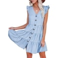 thumbnail image 2 of Women's Mini Denim Dress, Casual Fly Sleeve V Neck Button Down Solid Color Tiered Dress, 2 of 6