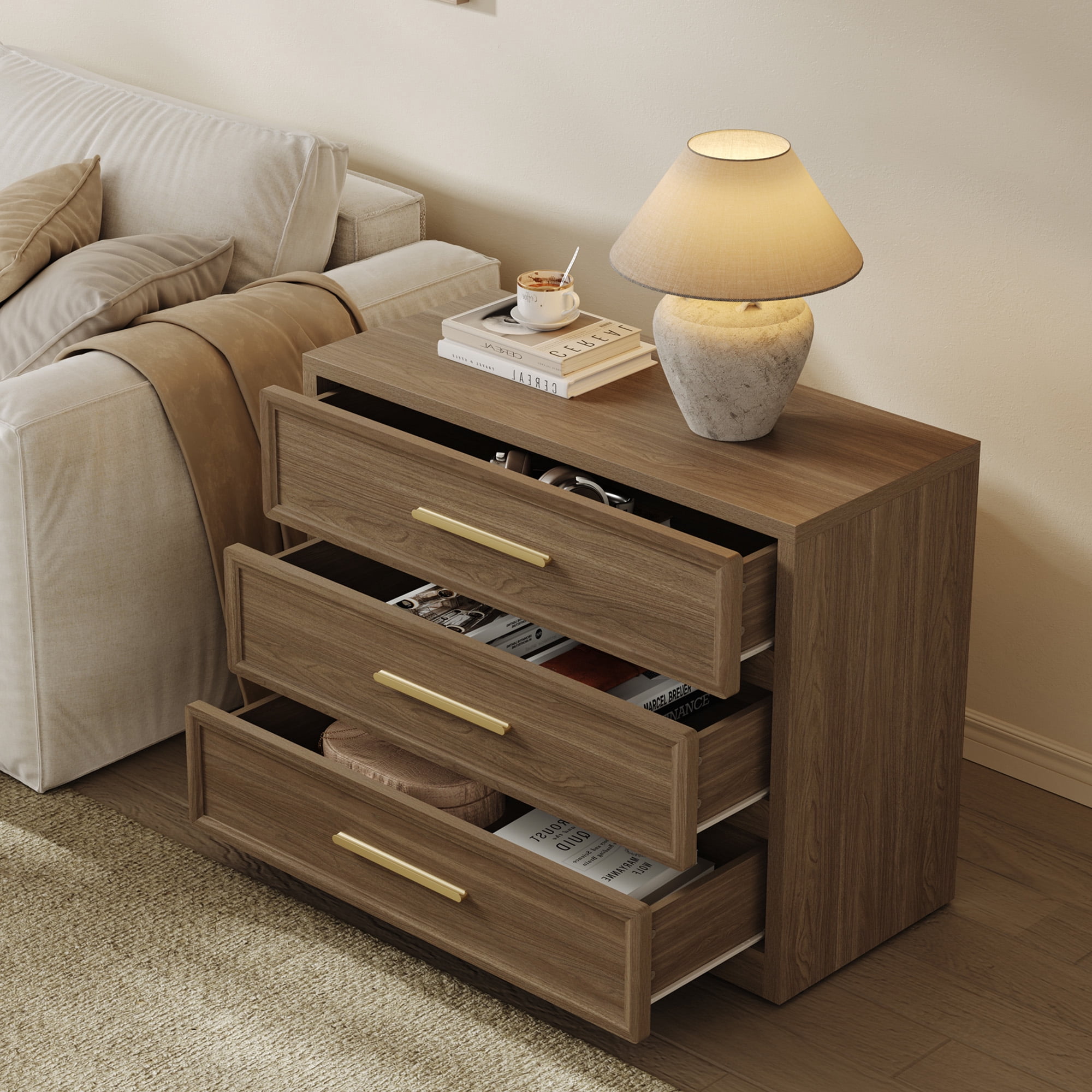 SICOTAS 31.3" W 3-Drawer Nightstand Set of 2 with Oversized Large Storage , Modern Night Stands Bedside Table with Adjustable Feet & Gold Handles for Bedroom Living Room Entryway, Walnut