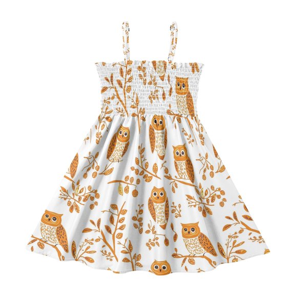 Little Girls Sleeveless Sundress Pleated Ruffle Trim Smocked Top Casual Spaghetti Strap Summer Dress Orange Owls 2Y