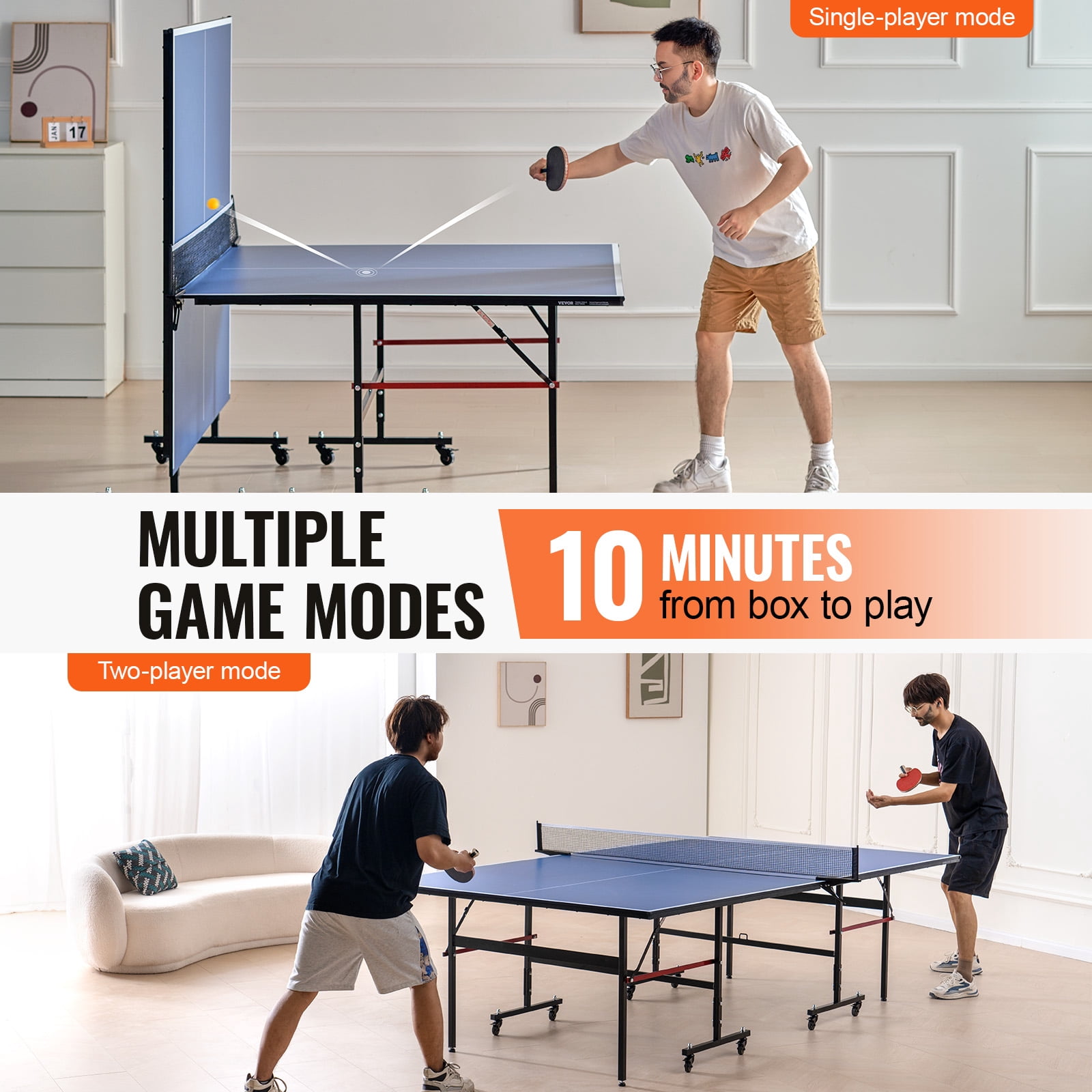 VEVOR Ping Pong Table,Professional Table Tennis Game, Indoor MDF Portable Table Tennis Table, Foldable Ping Pong Table with Quick Clamp Net and Lockable Wheel,10 Minute Easy Assembly,12mm Tabletops