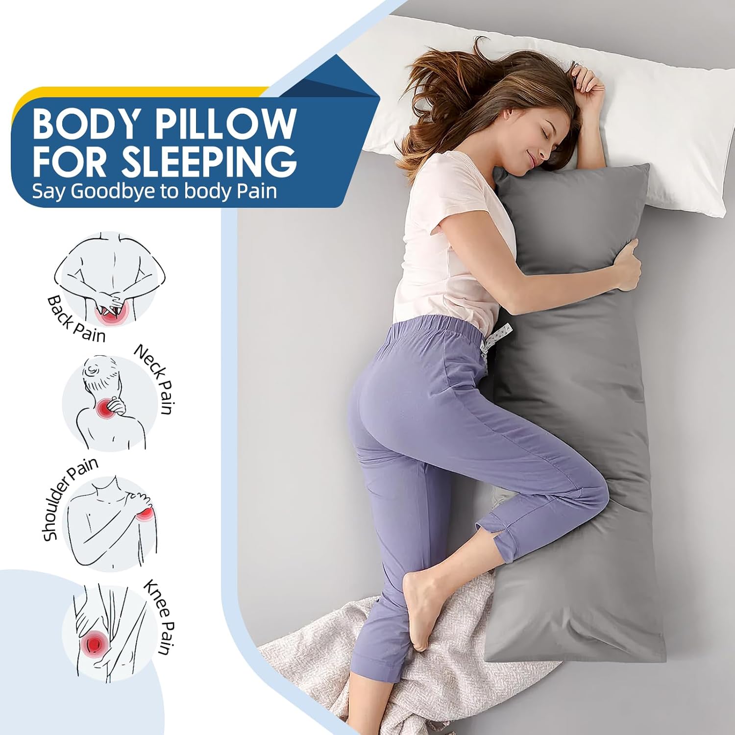 Body Pillow, Memory Foam Body Pillow for Adults, Long Pillow for Bed and Sleeping, Full Long Bed Pillow Insert with Cover (Grey, 20x54 Inch)
