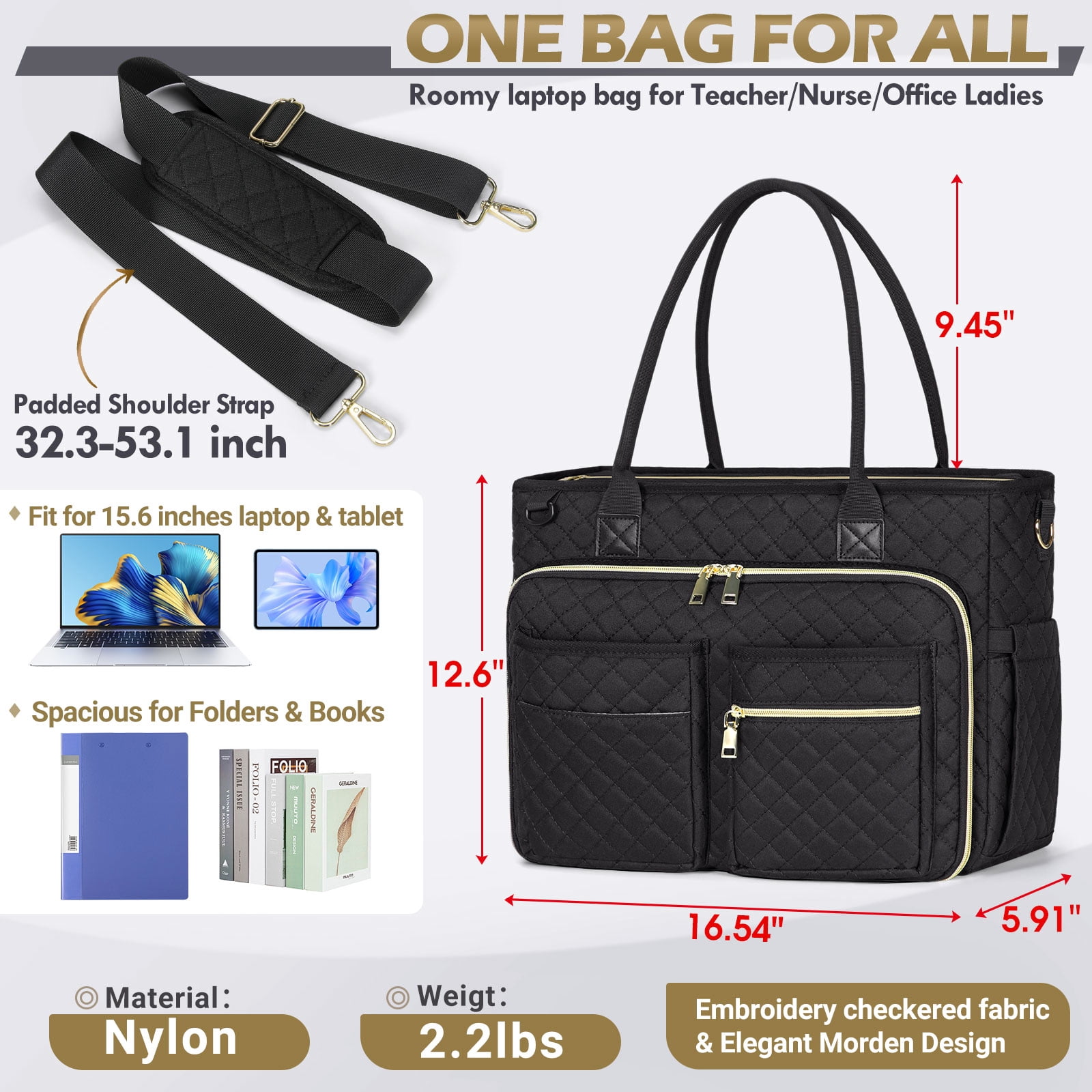 RAINSMORE Teacher Tote Bag 15.6 inch Laptop Bag for Women Work Bags Laptop Tote Nurse Bag Professional Computer Messenger with Insulated Pocket, Laptop Briefcase for Office, College, Nursing