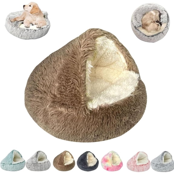 Cozy Cocoon Pet Bed for Dogs, Covered Dog Bed with Cave-Style Hood, Comfy Nook Plush Dog Bed for Medium Dogs, Warm Winter (Brown, S(40cm/15.7in))