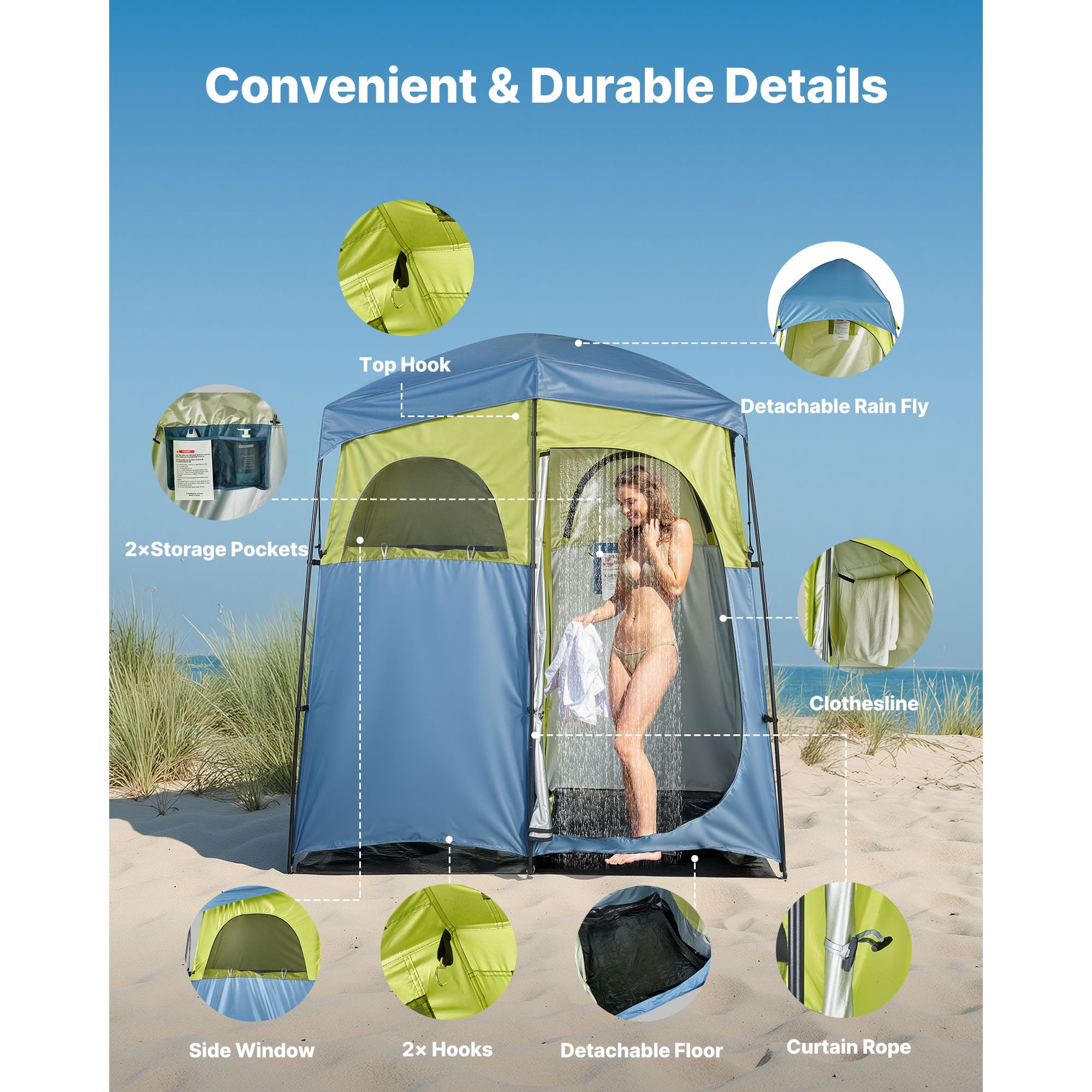 KFFKFF Portable Privacy Tent with Two Compartments, Includes Shower Bag, Ground Stakes, Ropes, Carry Bag, and Support Poles, Made of Durable 150D Oxford Fabric with Silver Coating