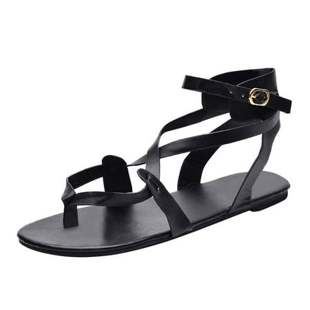 

Womens British Style Sandals Fashion Cross Strap Flats Ankle Shoes Ladies 2023 Newly Summer Casual Roman Sandals