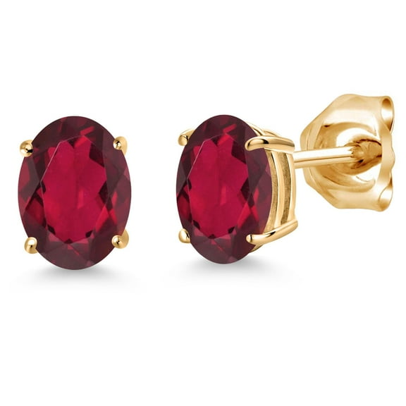 Gem Stone King 14K Yellow Gold Ruby Red Mystic Topaz Double Notch Stud Earrings | 1.60 Cttw | Gemstone November Birthstone | Oval 7X5MM | Gold Earrings for Women Men