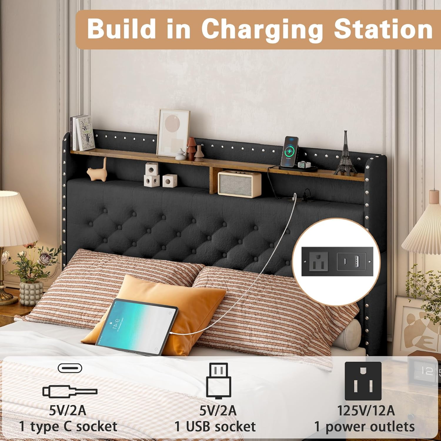 Pipleo Full Size Bed Frame with headboard, Full Bed Frame with 3 Drawers, Velvet Upholstered Platform Bed Frame with Storage, LED Lights and Charging Station