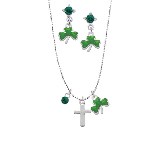 Delight Jewelry Silvertone Simple Plain Small Cross Green Shamrock Necklace and Clover Earrings Jewelry Set