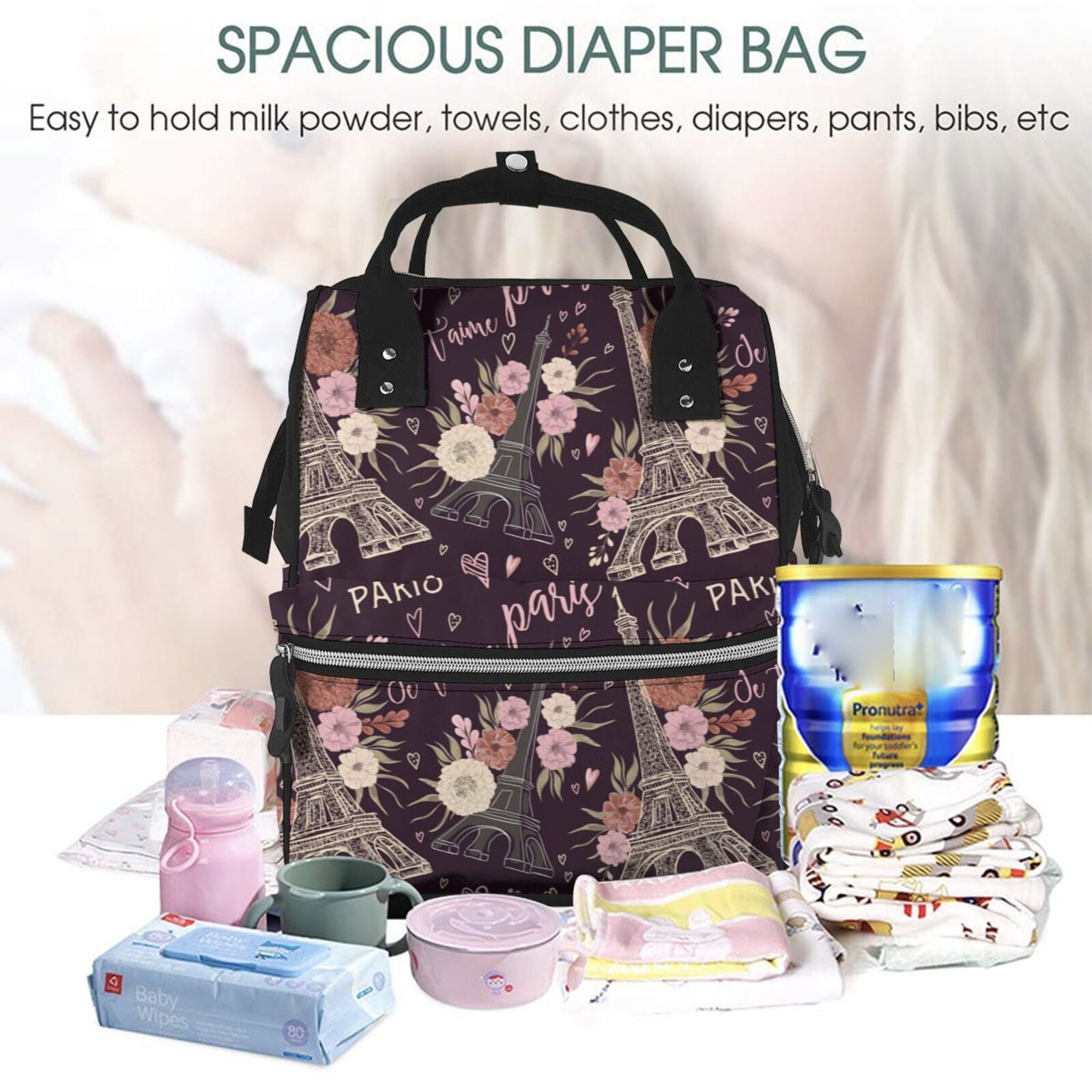 Ratiio Romantic Paris Mummy Backpack - Waterproof Twill Canvas, Large Capacity Diaper Bag with Multiple Pockets and Adjustable Straps