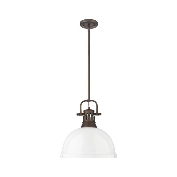 Yep by Golden Lighting Duncan 1-light 14in Rod Hung Pendant in Rubbed Bronze and White shade