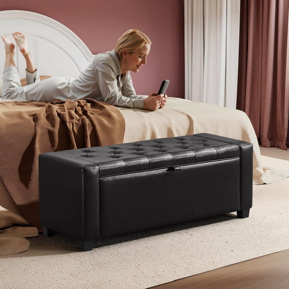 Tufted Leather Black Storage Ottoman Bench, Upholstered End of Bed