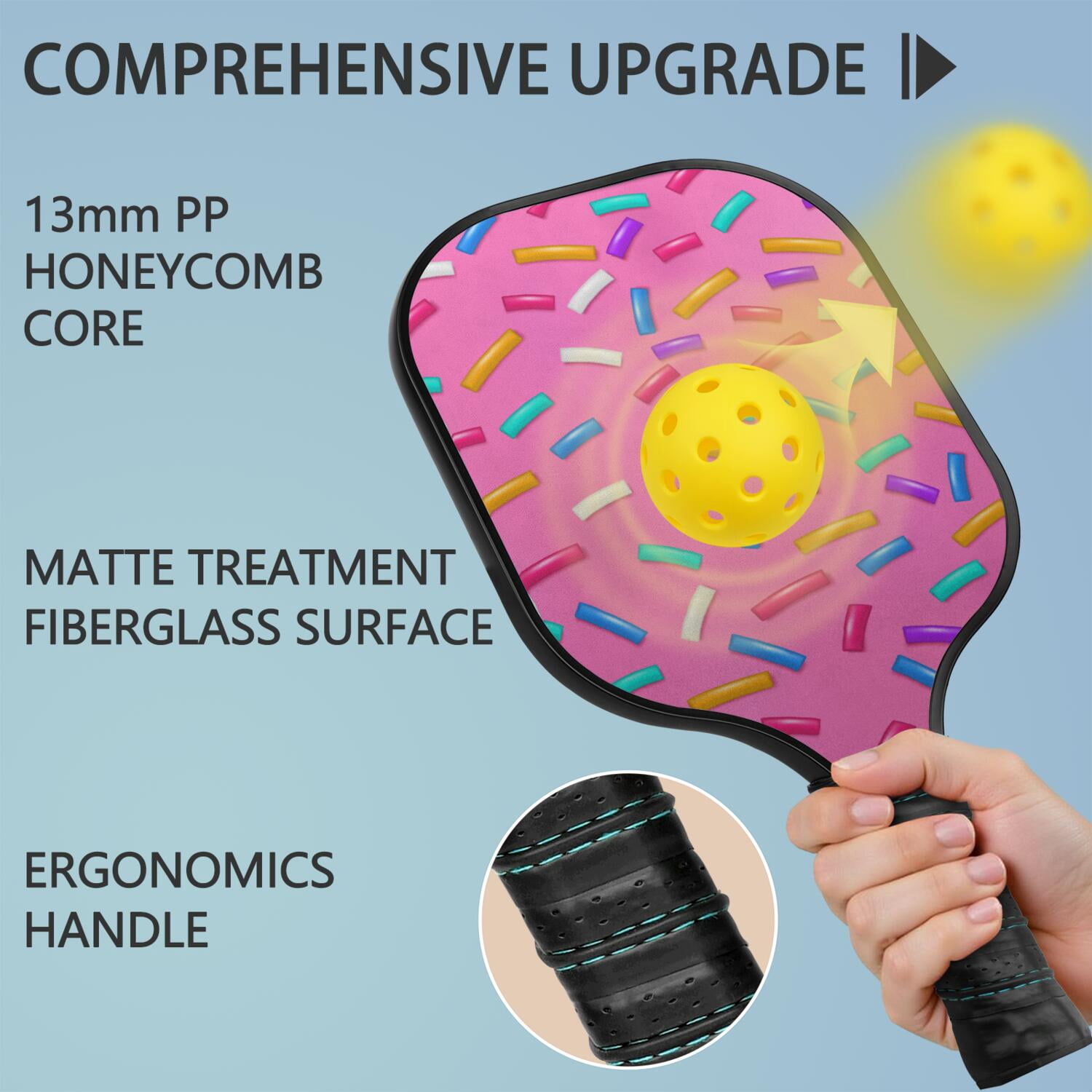 Pickleball Paddles Set Of 1, Fiberglass Surface, Sweet Candy Print, 1 Paddle, 2 Balls & Bag