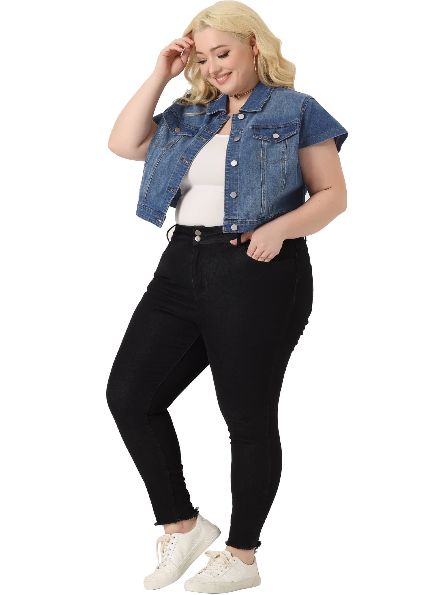DARING DIVA Women's Plus Button Down Cap Sleeve Cropped Jacket 3X Mid Blue