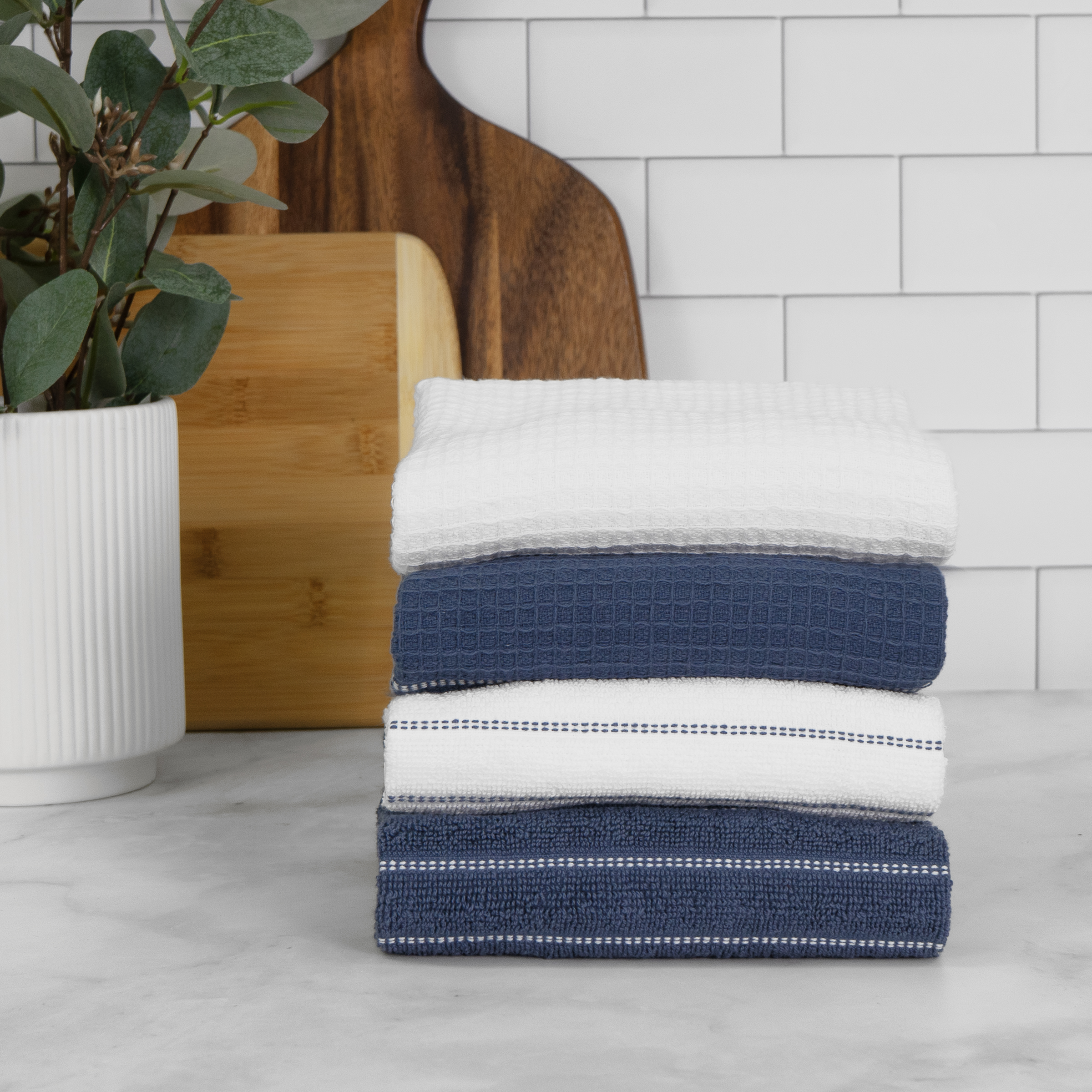 All-Clad Skipping Stripe & Wave Kitchen Towels, 4-Pack, Indigo