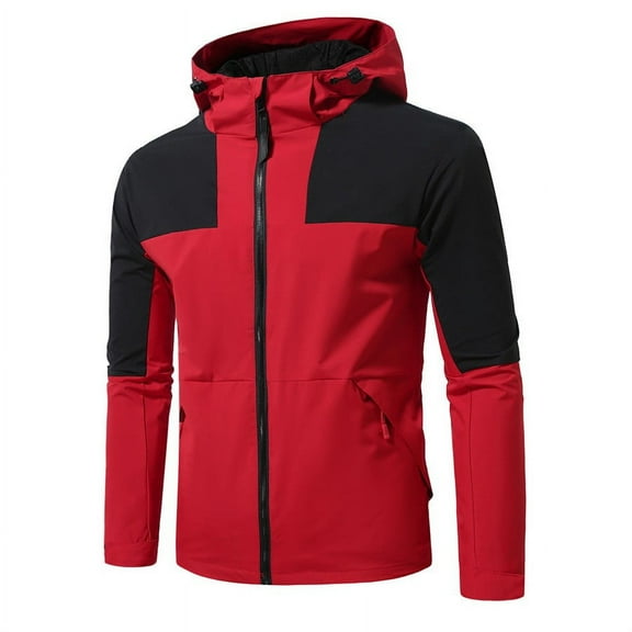 SERTG Men's Color Block Hooded Jacket Fall Casual Full Zip Long Sleeve Lightweight Windbreaker Sports Jackets for Men(Red,M)