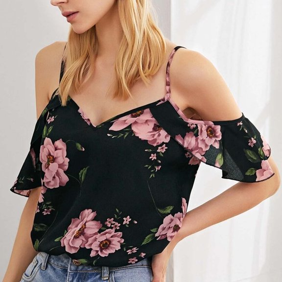 Qulqfy Womens Tank Tops Camisole V-Neck Plus Size Floral Print Sexy Slim Spaghetti Straps Black Women Summer Tops