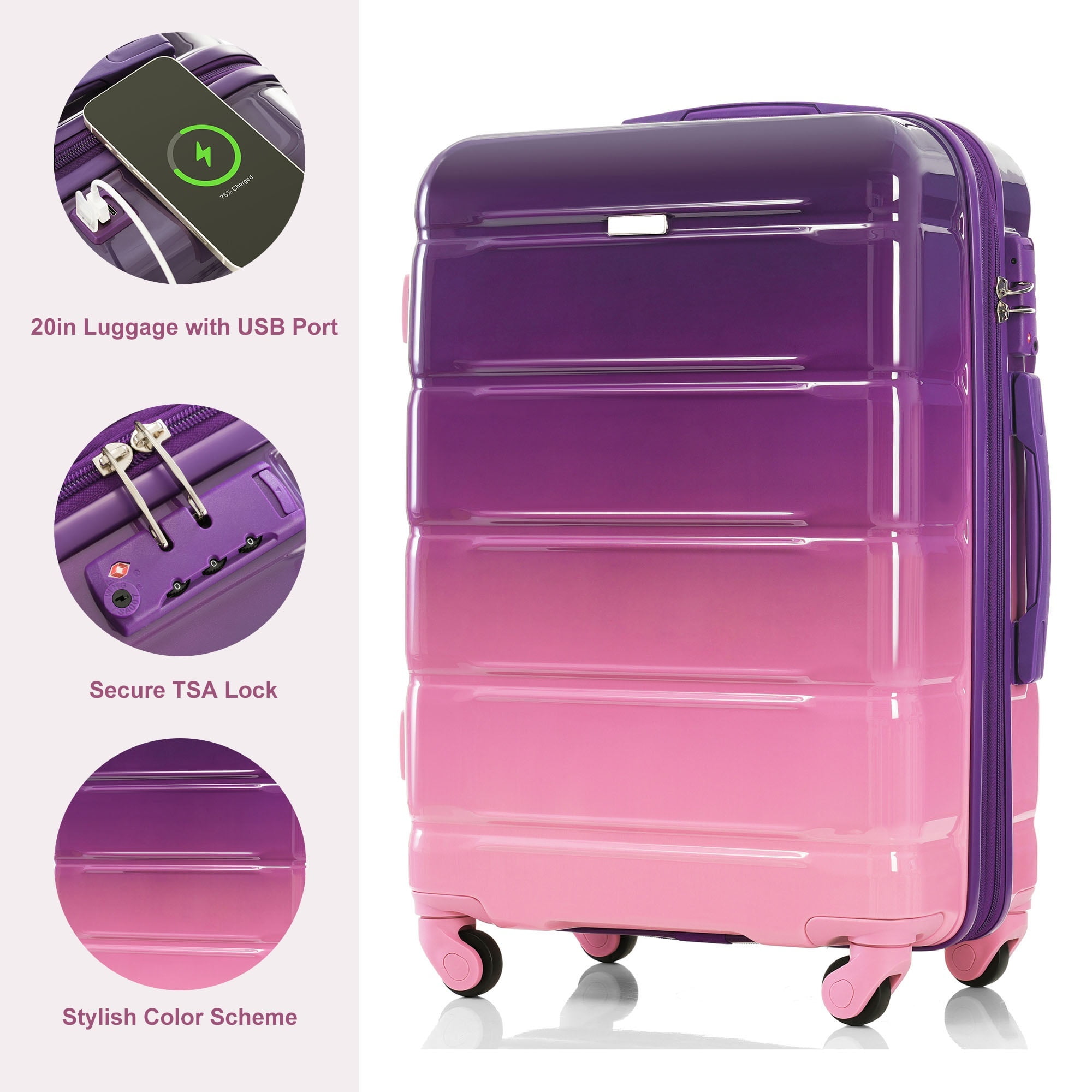 Euroco 5 Piece Luggage Sets, 20" Carry-on Suitcase with USB Port ,Cup Holder and 2 Travel Bags,Hardside Lightweight Durable Suitcase Set with TSA Lock and Spinner Wheels(20"/24"/28"),Purple
