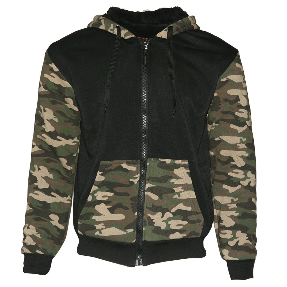 Maximos Mens Army Camo Zip Up Hoodie Sherpa Fleece Lining Sweater