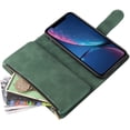 thumbnail image 3 of Wallet Case for iPhone XR, Premium Vintage PU Leather Magnetic Closure Handbag Zipper Pocket Cover Kickstand Card Holder Slots with Wrist Strap TPU Shockproof Flip Case - Dark Green, 3 of 14