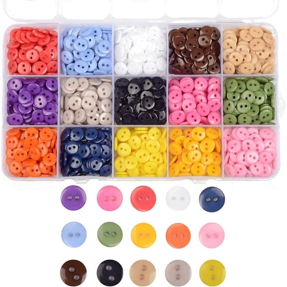 XiHAMA Round 2 Holes Craft Buttons, 1125Pcs 0.35 Inch(9mm) Sewing Buttons, 15 Colors Resin Buttons, for Sewing Children Sweater DIY Crafts Scrapbooking Children's Manual Project