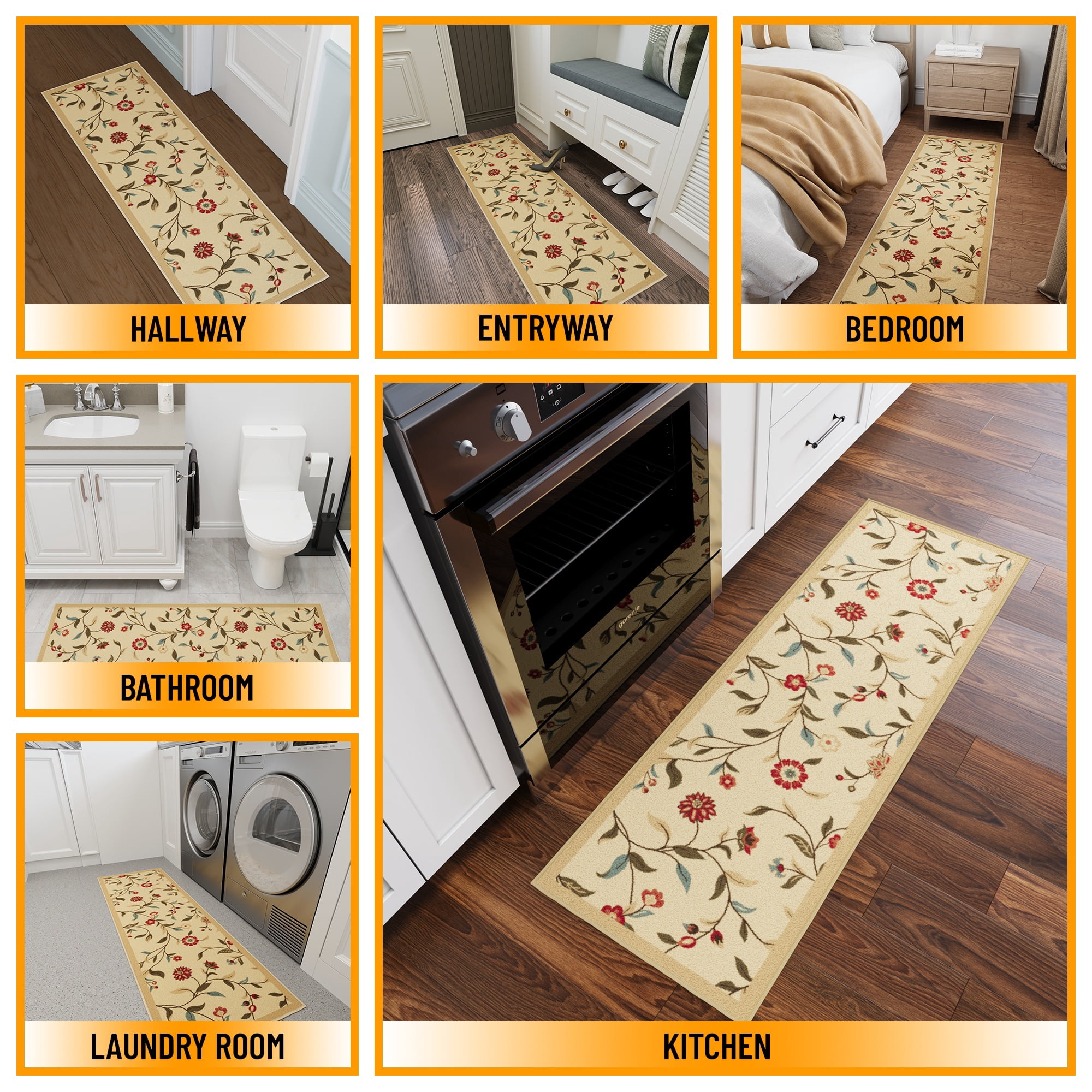 Ottomanson Floral Bathroom Runner Rug 20" x 53" - Non Slip Low Pile Carpet, Beige