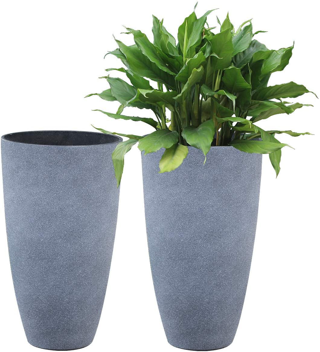 Large Outdoor Tall Planters   18 inch Indoor Round Big Flower Tree Pot with  Drainage, Set of 18, Speckled White Black Weathered Gray