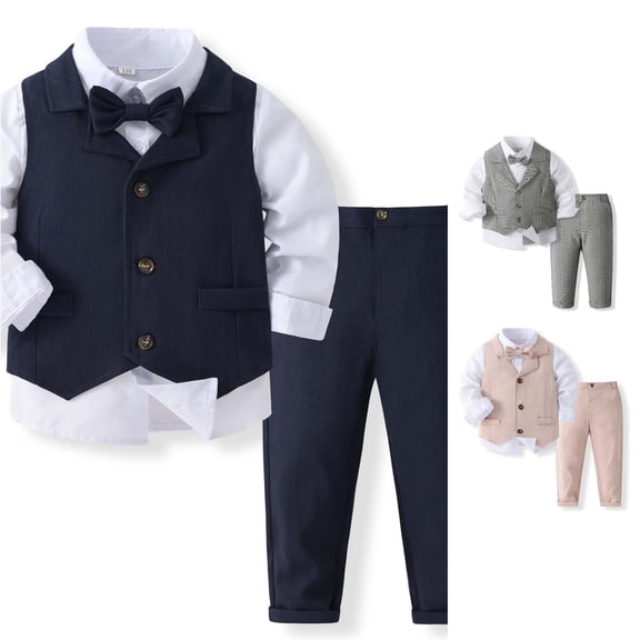 Toddler Boy Casual Clothing Set formal Outfits Sets Dress Shirt Vest Pants Bow Tie Suit Outfits Size 3-4T ,Blue