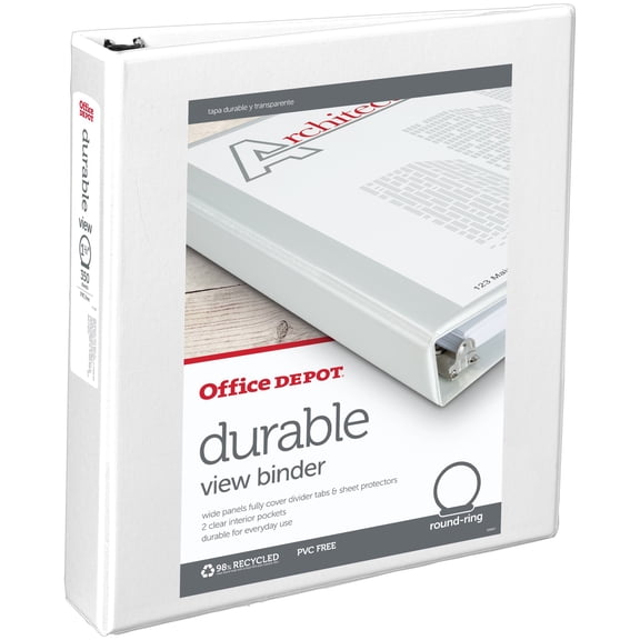 Office Depot Nonstick Round-Ring View Binder, 1 1/2in. Rings, 100% Recycled, White, OD02961