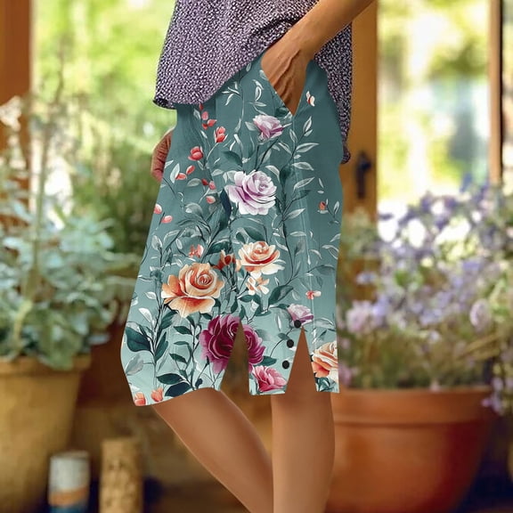 SOOMLON Bermuda Shorts for Women Plus Size Elastic Waist Long Shorts Button Floral Shorts with Pockets Vacation Bottoms