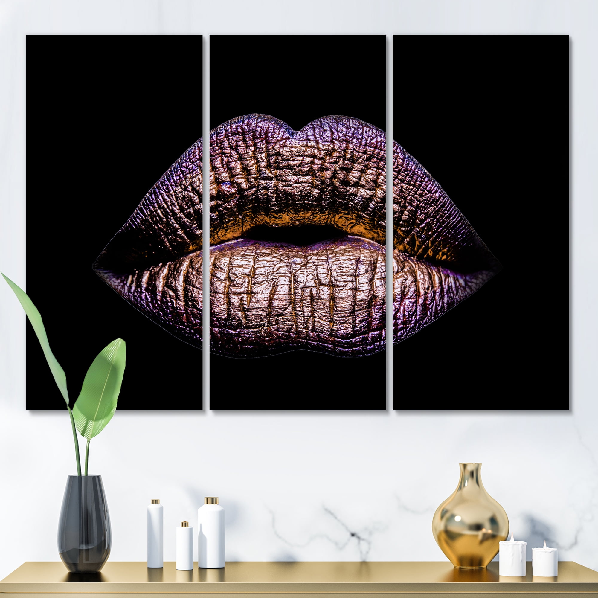 Sexy Golden Metallized Woman Lips V 28 in x 36 in Photography Canvas Art Print, by Designart