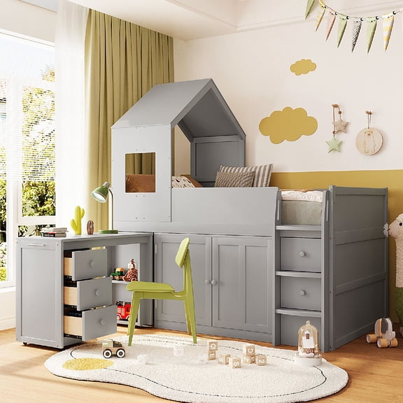 Twin Size Loft Bed Frame with Build-in Desk and 5 Storage Drawers, House Shape Wooden Loft Bed with Storage Cabinets and Ladder for Bedroom, Apartment, Space Saving, Mattress Not Included, Grey