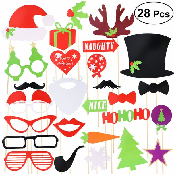 28 piezas de accesorios de cabina de fotos de fiesta de Navidad Accesorios de presentación creativa Árboles de Navidad Sombreros Gafas Kit de bigote para decoración de fiestas