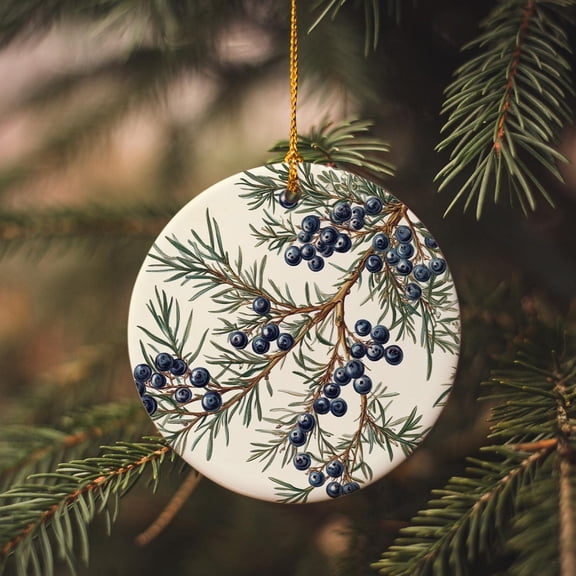 Vintage Juniper Botanical Ceramic Ornament, Circle Design, Christmas Decor, Unique Gift, Handmade, Holiday Decoration