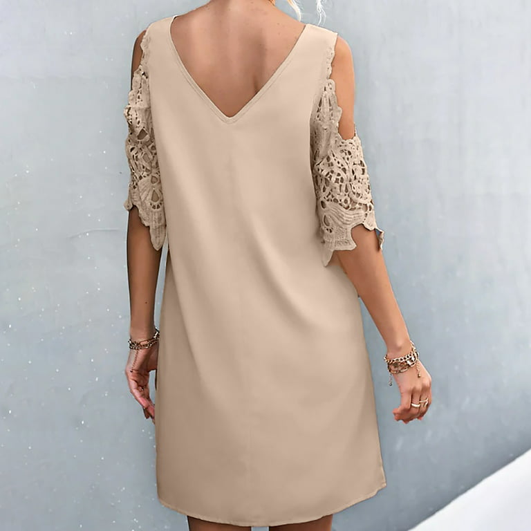 skpabo Women's Dresses 2022 Long Sleeve V-Neck Lace Solid Color Casual  Dress Fall Dresses 