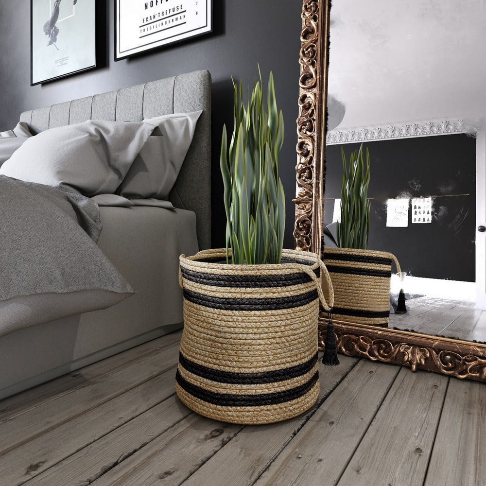 LR Home Woven Round Jute 17" Storage Basket with Handles, Black Double Stripe