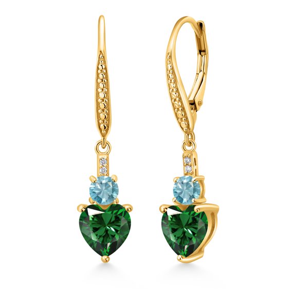 Gem Stone King 18K Yellow Gold Plated Silver Green Nano Emerald Blue Zircon and White Lab Grown Diamond Drop Dangle Earrings for Women (3.03 Cttw, Heart Shape 7MM, Round 4MM)
