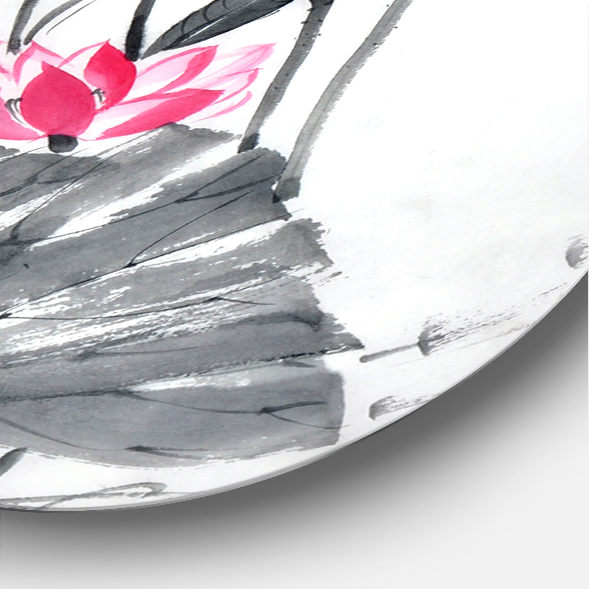 Designart 'Pink Vintage Lotus Flower and Monochrome Leaves' Traditional Circle Metal Wall Art 11x11 - Disc of 11