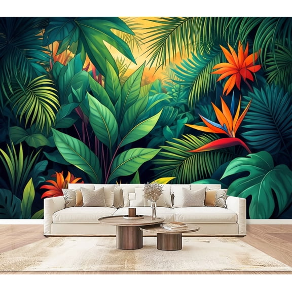 Wallpaper Tropical Jungle Leaves Orange Exotic Flowers Botanical Peel and Stick Wall Murals 100"H x 144"W Removable PVC Wall Paper Self-Adhesive Wall Paintings Art Decor for Bedroom Living Room