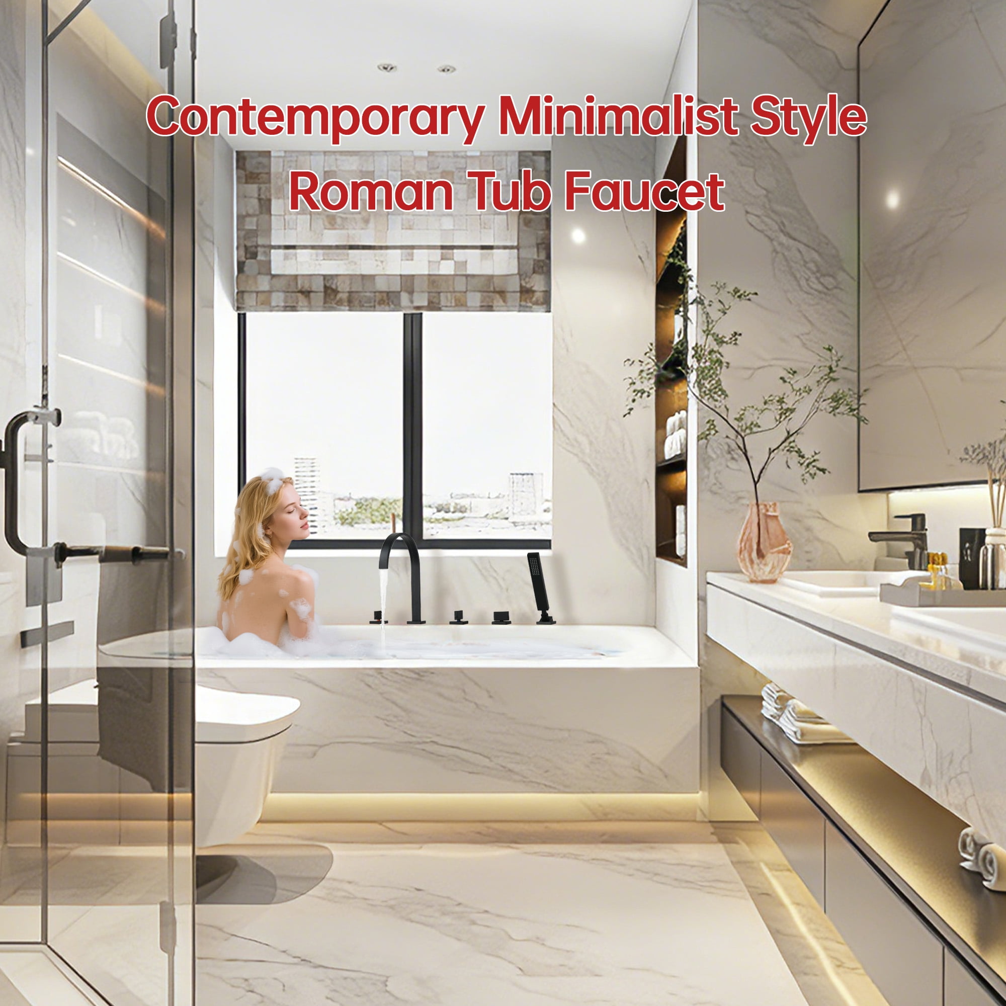 SUMERAIN Modern Matte Black Roman Tub Faucet with Valve, 5 Hole Waterfall Bathtub Faucet with Hand Shower, High Flow