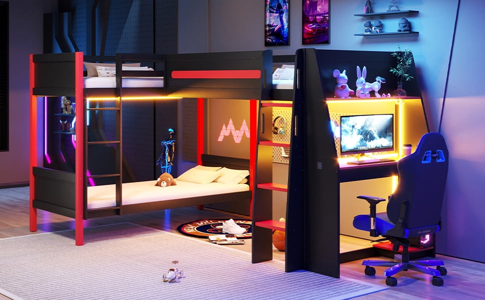 Mintazer L-Shaped Twin Gaming Bunk Bed with LED Lights & Desk and Storage Shelves, Triple Bunk Bed with Ladder & Guardrails for Dorm Bedroom, Black & Red