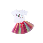 Spring hue Toddler Baby Girls 1st Birthday Romper + Rainbow Tutu Skirt Dress Outfits Set