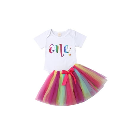 Spring hue Toddler Baby Girls 1st Birthday Romper + Rainbow Tutu Skirt Dress Outfits Set